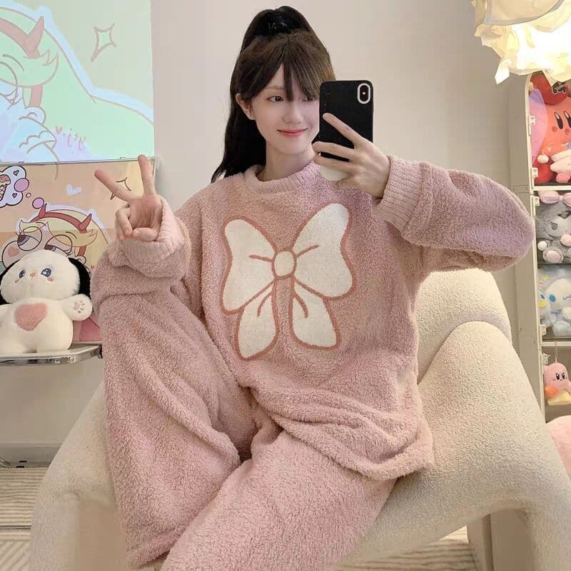 Winter Thick Coral Fleece Pajama Set for Women, Korean Style, Warm Flannel, Wearable Outside, Student Homewear