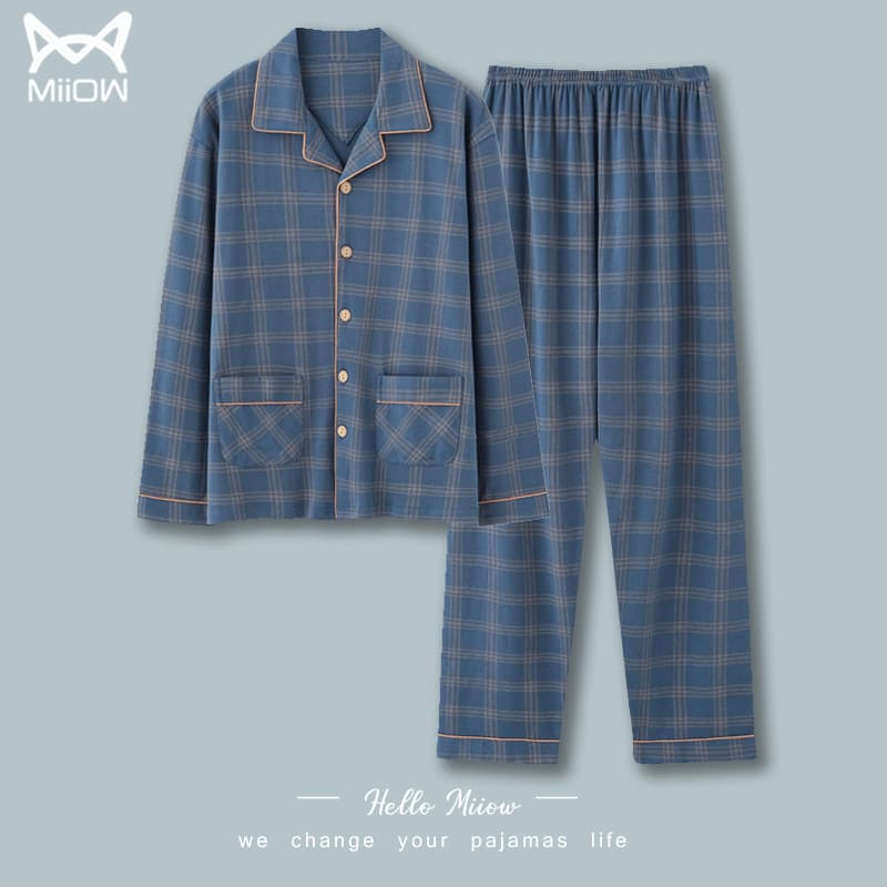Pure Cotton Pajamas Men's Spring and Autumn Long Sleeve Pure Cotton Thin Plaid Plus Size Casual Outwear suit