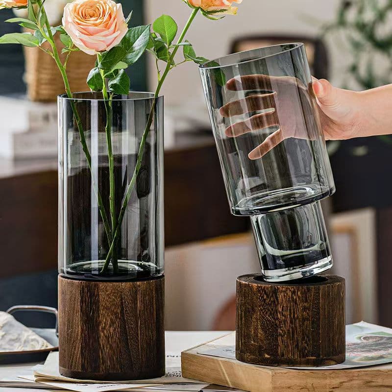 Light Luxury Minimalist Decorative Hydroponic Vase Ornament Creative Glass Water Flower Hotel Living Room Table Wood Base Vase