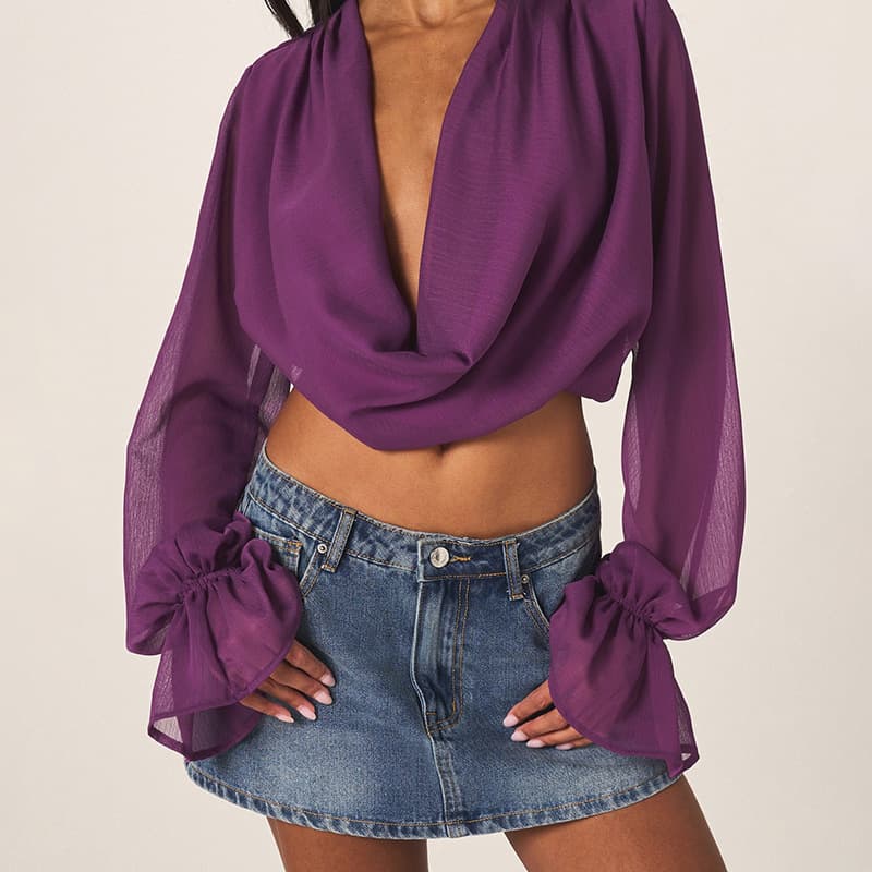Q26TP224 European-American Women's Fall New Cowl Neck Crop Top Sexy Cinched Flared Long Sleeve T-Shirt