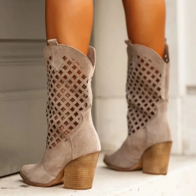 2025 Amazon Cross-Border Export Plus Size Hollow Women's Boots Suede Mesh Ankle Boots Hole Mid Calf Short Boots Plus Size Shoes