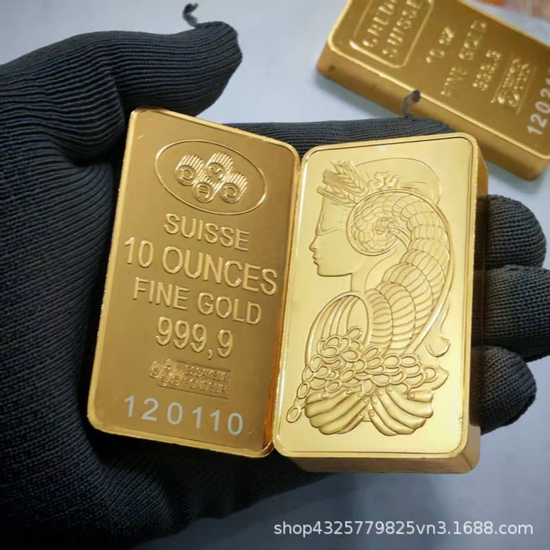 Foreign Trade 10oz Gold Bar Replica Swiss Gold Bar Goddess of Fortune Gold-Plated Square Copper Commemorative Coin