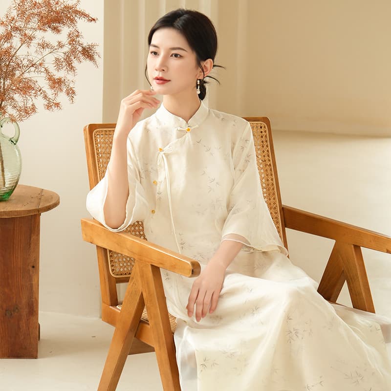 Qing Shuzhai 2023 Spring/Summer Original Hanfu Improved Cheongsam New Chinese Style Printed Stand Collar Women's Dress