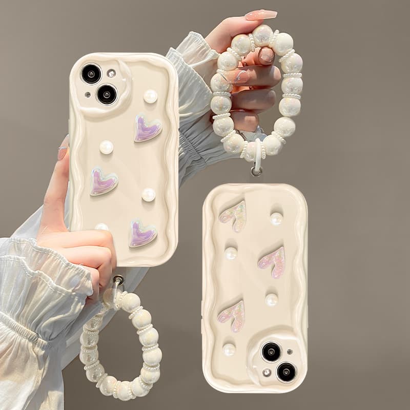 Fresh Korean Style Compatible with iPhone 15 Case 16 Pro Max 3D Pearl Heart iPhone 14 Chain Women