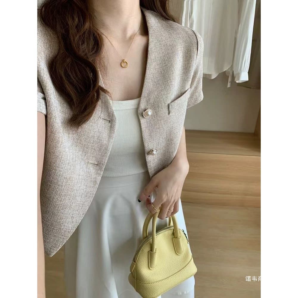 2026 New Summer V-Neck Short-Sleeve Chic Jacket, Elegant French Style Short Top for Women