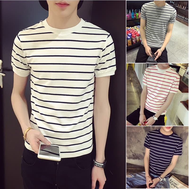 Short Sleeve T-Shirt Men Long Sleeve Trendy Brand Striped Summer Tee Base Layer Casual Fashion Men's Clothing Couple Top