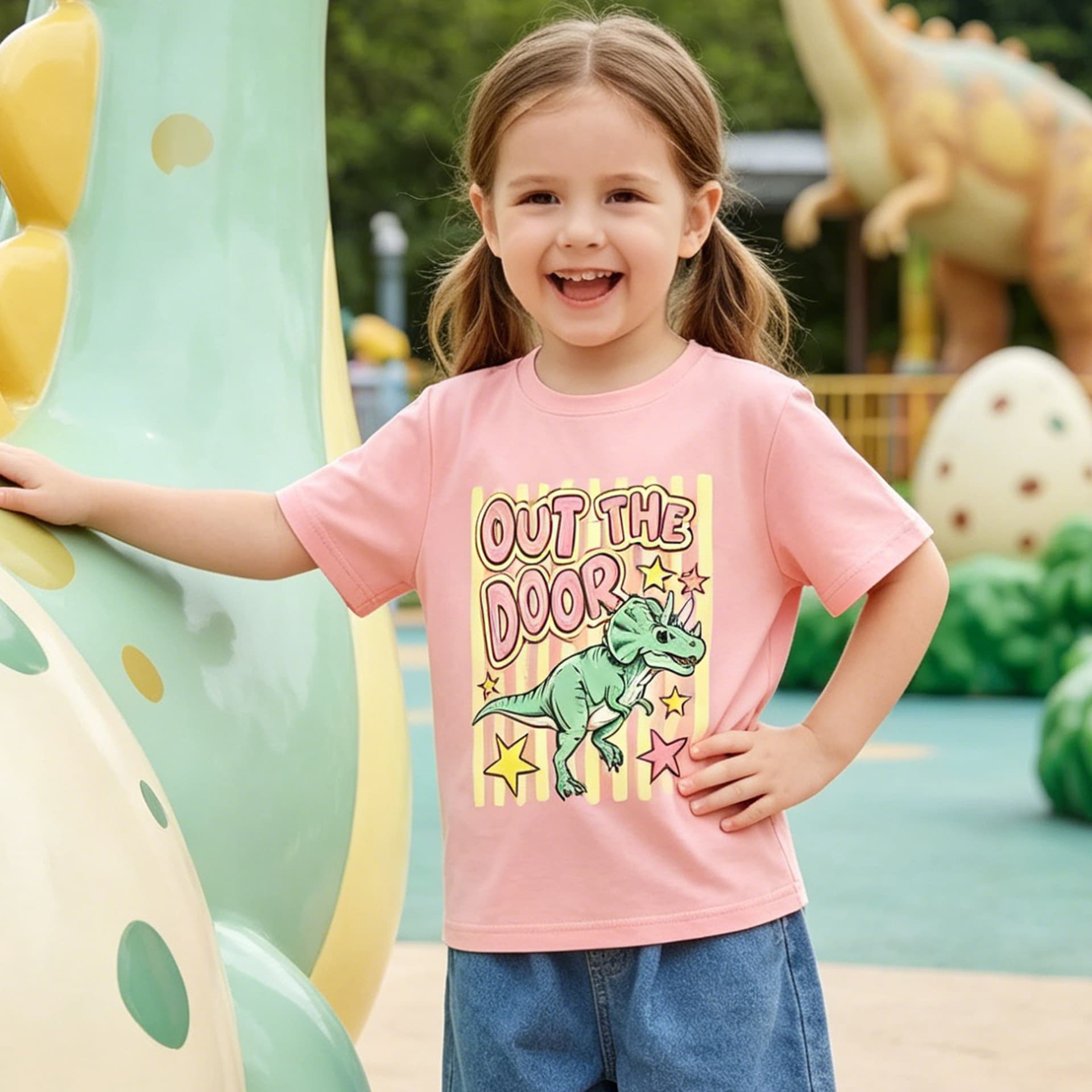 Girls T-Shirt "Dino SIS" Cartoon Dinosaur Print Summer Milk Silk Round Neck Short Sleeve Kids Clothing for EU/US Market