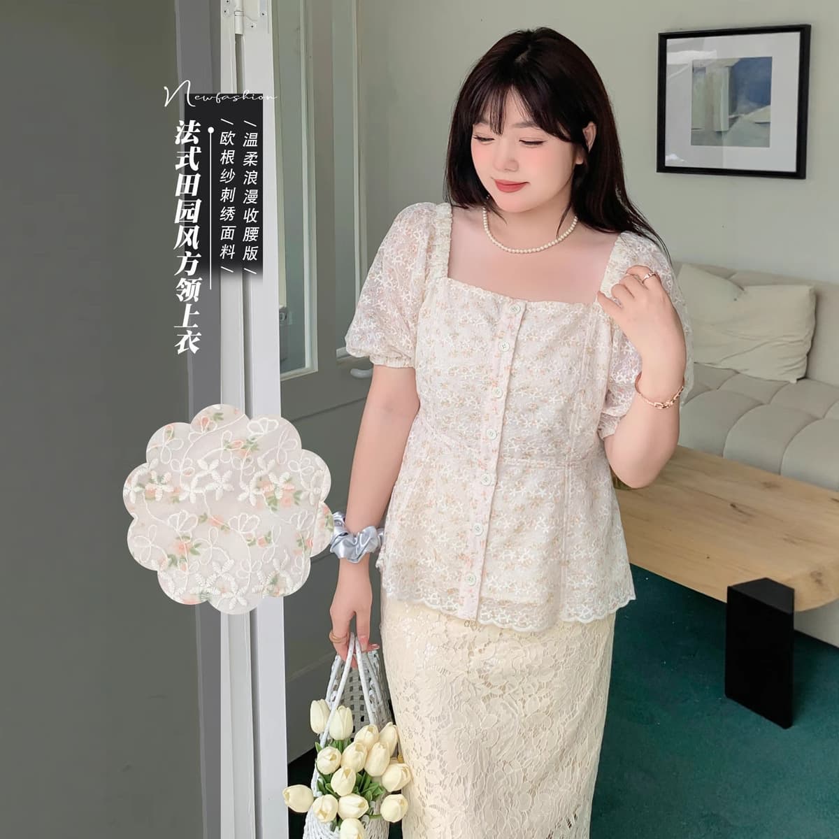 Beautiful price k2367 plus-size women's shirt, French countryside square neck top with embroidery for fuller-figure sisters.