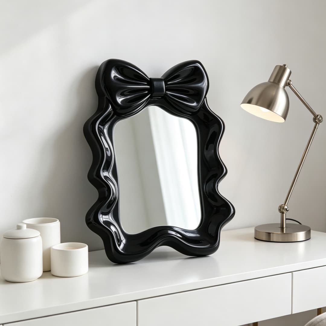 New Wave-Shaped Flat Makeup Mirror with Bow Design, Desktop Single-Sided Vanity Mirror for Dorm Room
