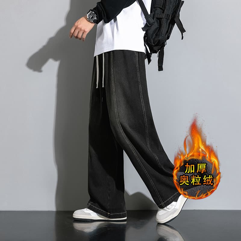 JYF-A205 Fleece-Lined Jeans Men Spring American High-Street Pants Loose Straight-Leg Wide-Leg Casual Trousers