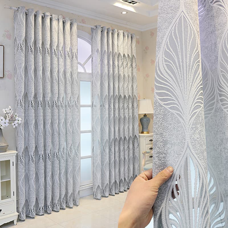Cross-border Amazon translucent but non-transparent curtains, gray minimalist modern leaf sheer curtains, living room and bedroom semi-blackout gauze