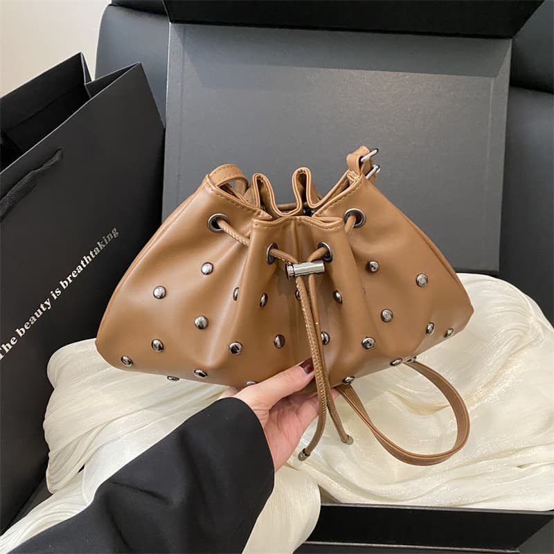 European and American Fashion One Shoulder Crossbody Bag Bucket Bag 2025 Autumn New Portable Underarm Rivet Small Bag for Women