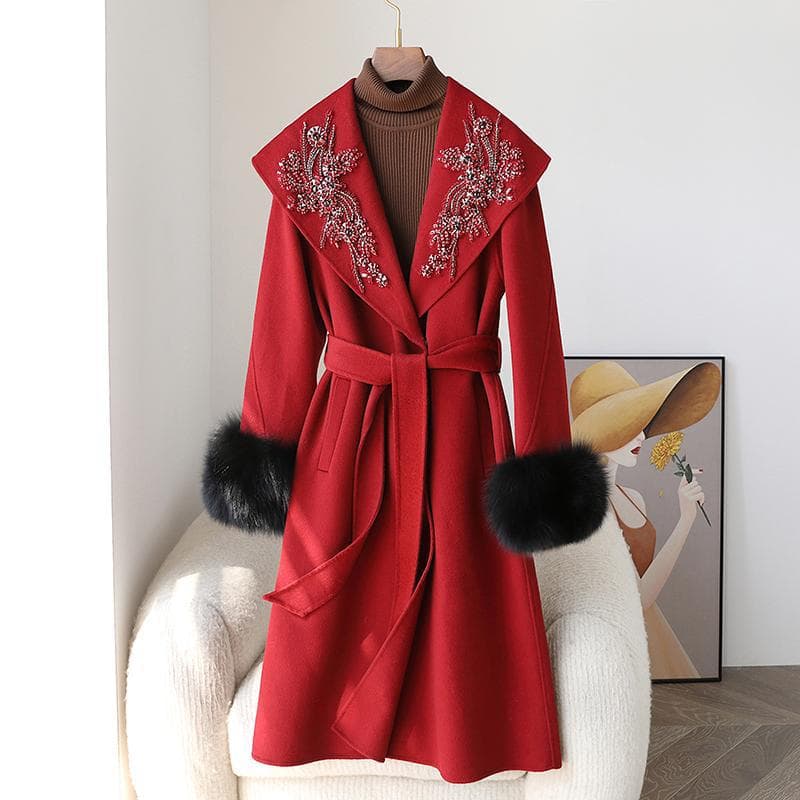 Elegant Wool Coat with Fox Fur Cuffs 2025 New Autumn/Winter High-End Double-Faced Wool Coat for Women