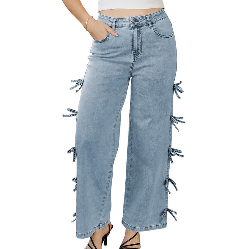 2025 Fall New Solid Straight Leg Pants Women European American Fashion Sweet Style Bow Tie Denim Jeans Cotton