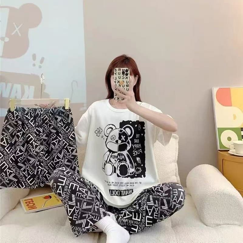 Cross-border Southeast Asia Pajama Three-Piece Set, Shredded Milk Short-Sleeve Long Pants, Printed Cartoon Pattern Women's Loungewear Pajamas