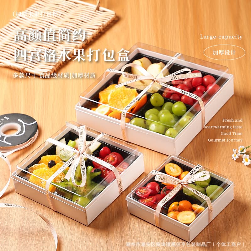 Trendy Four-Compartment Fruit Box Strawberry Fresh Fruit Packaging Box Square Disposable Transparent Paper-Plastic Takeout Box