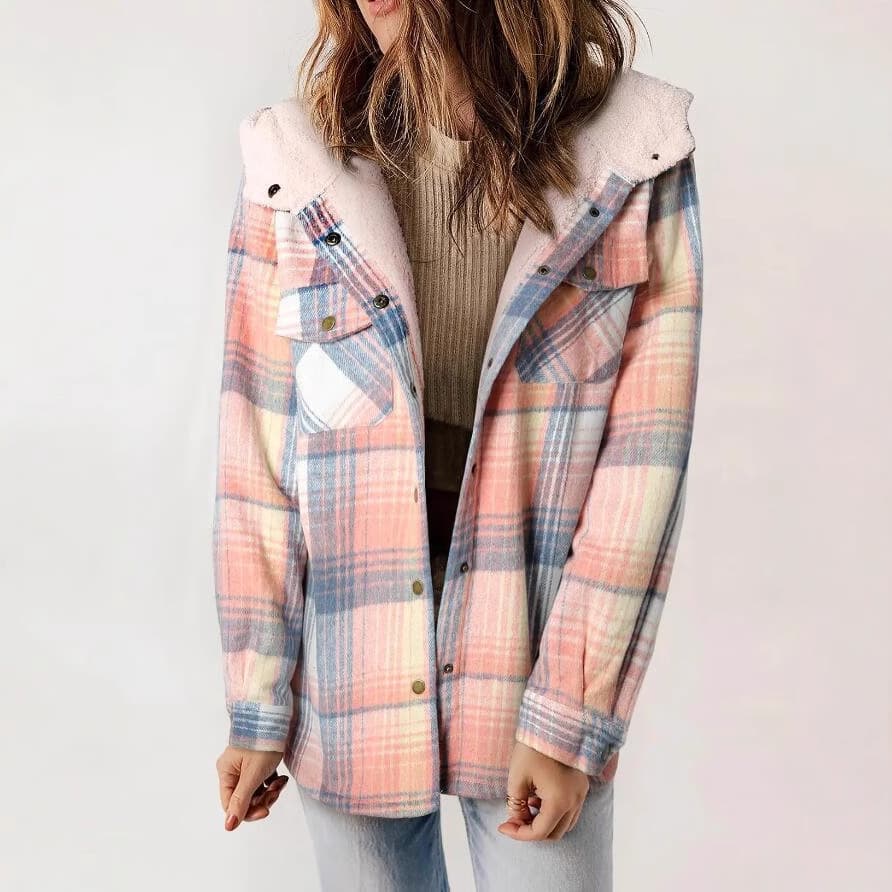 2024 European and American Amazon Fall/Winter Women's Plaid Jacket Long Sleeve Fuzzy Hooded Jacket Coat with Pockets