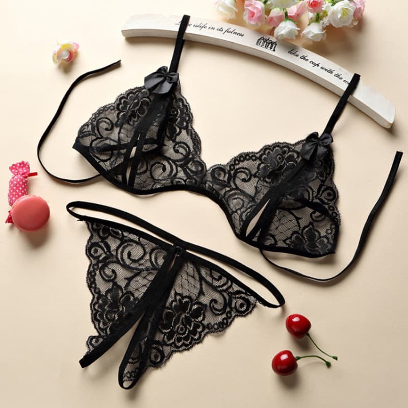 Sexy lingerie three-piece open-crotch bikini lace nightgown set with thong, two-piece gift set, plus size.