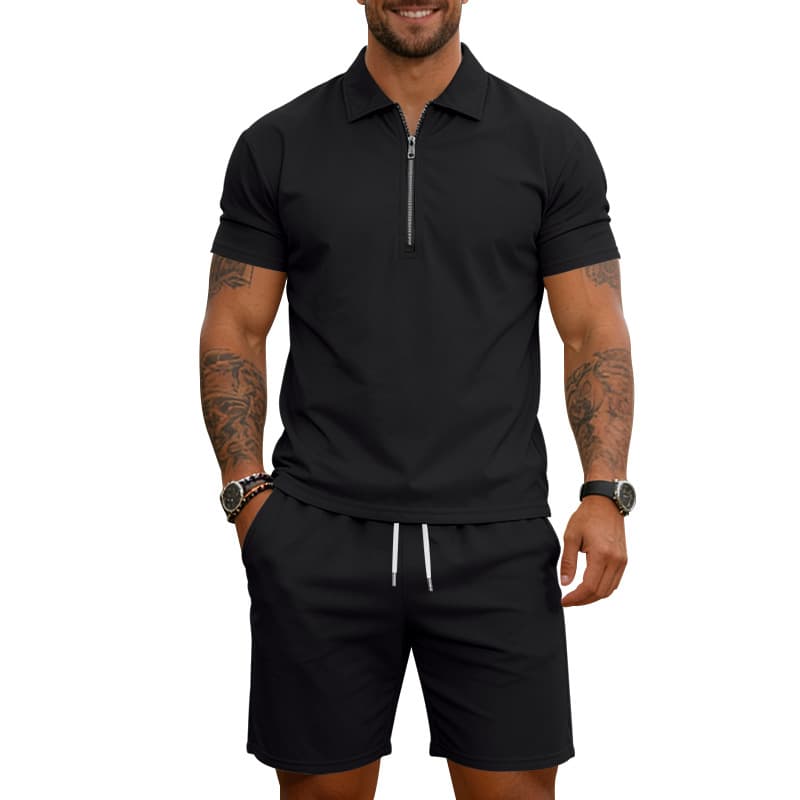 Cross-border Independent Station Summer Men's Loose Trendy Zipper Lapel Polo High Street Casual Short Sleeve Shorts Set
