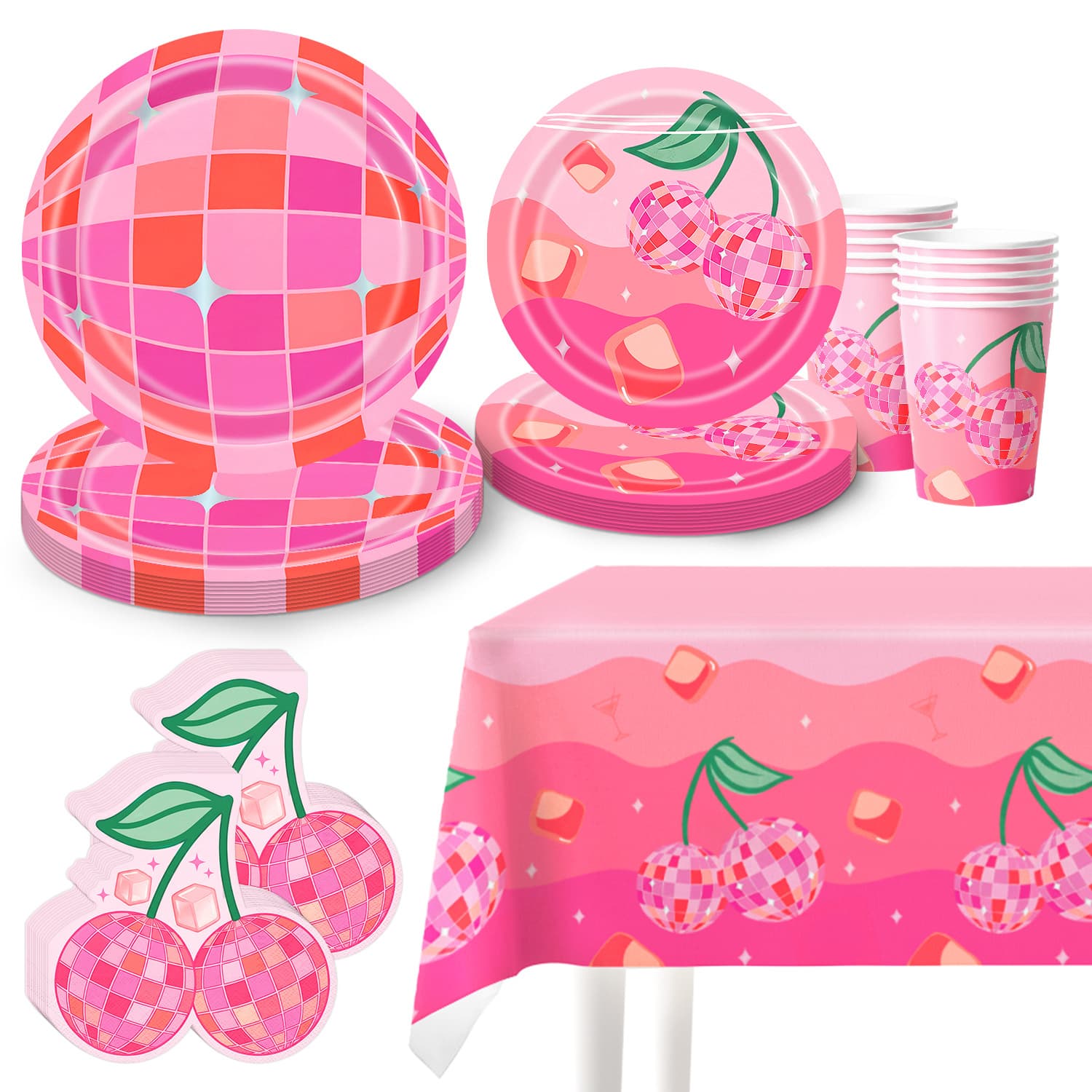Cherry Disco Decorative Disposable Tableware Set Paper Plates Paper Cups Paper Napkins Tablecloth