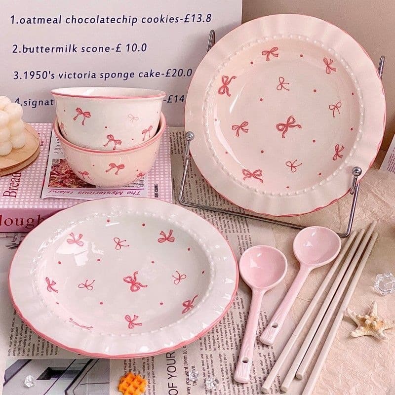 Girl's Heart Bow Straw Hat Plate and Rice Bowl Set Underglaze Color Tableware Ins High Aesthetic Home Plate Dessert Bowl