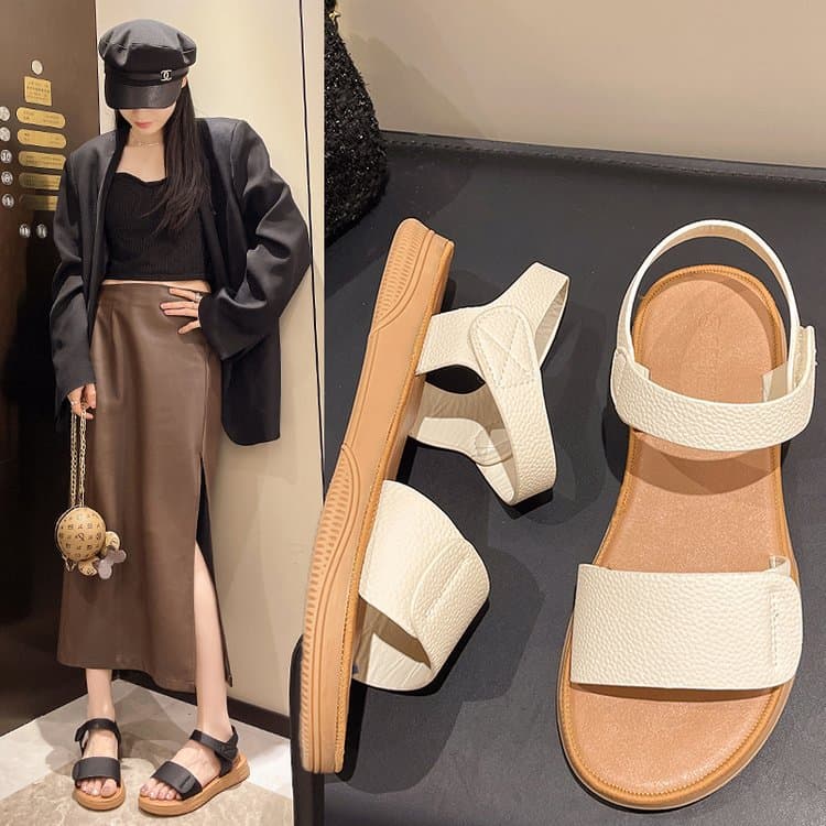 2026 Summer New Korean Style Flat Sandals for Women, Hook-and-Loop Open Toe Soft Sole Student Casual Sandals Wholesale