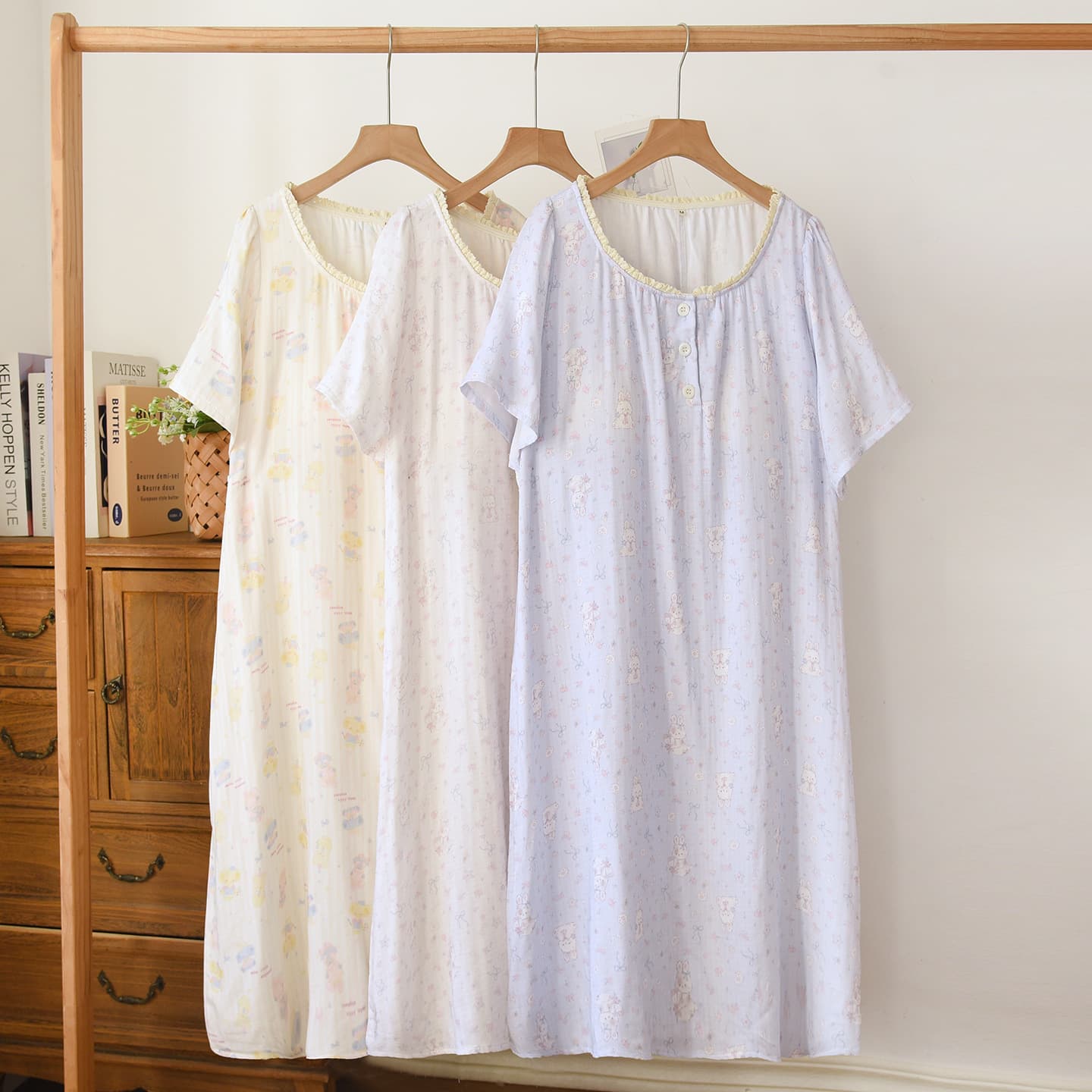 26 Spring-Summer Breathable Cute Cartoon Sleepwear Bamboo Cotton Gauze Pajama Set Short Sleeve Bamboo Fiber Home Dress Long Dress