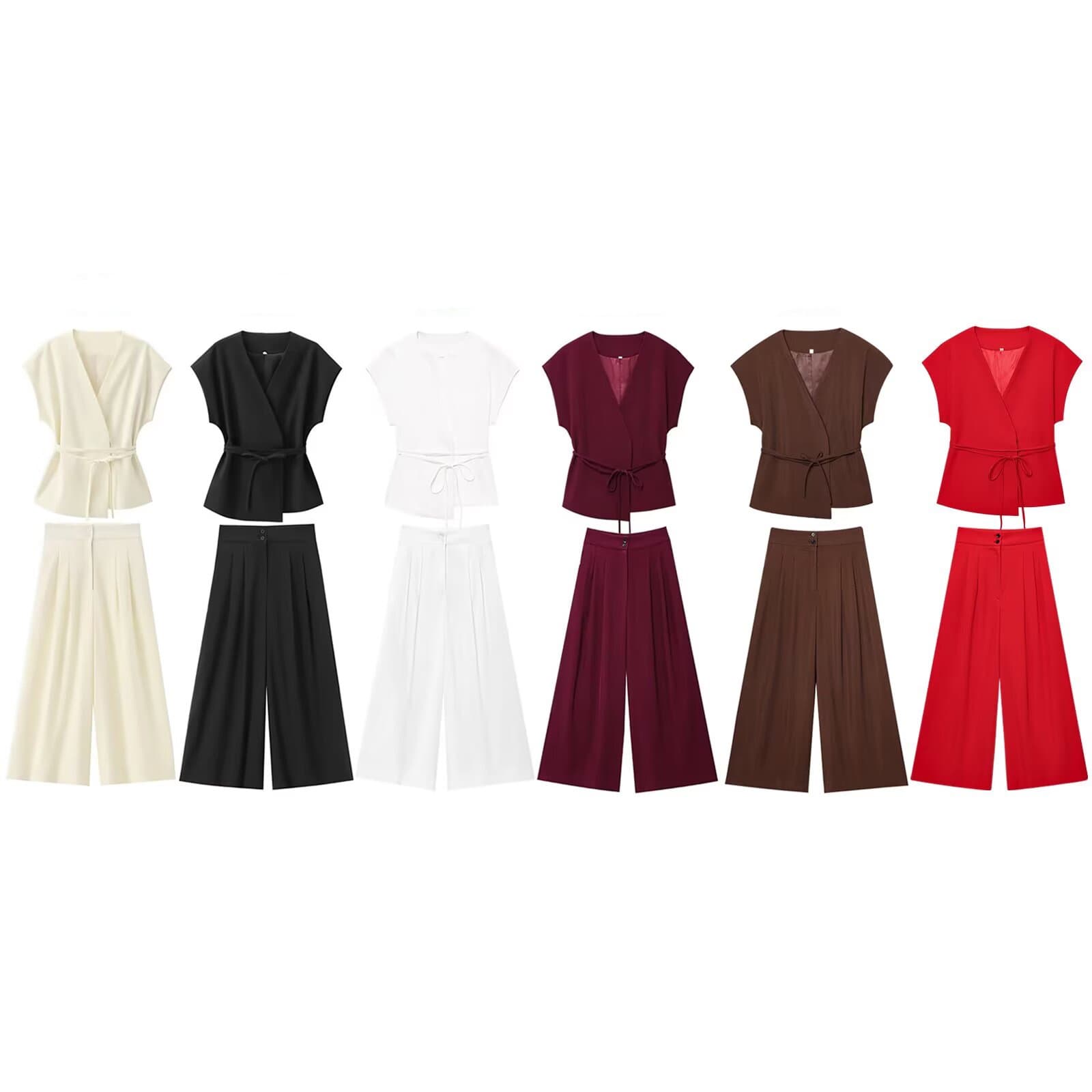 Summer 2025 Cross-Border Sleeveless Belted Design Open Cardigan Wide Leg Pants Set Women's Polyester Fiber Skirt Ensemble