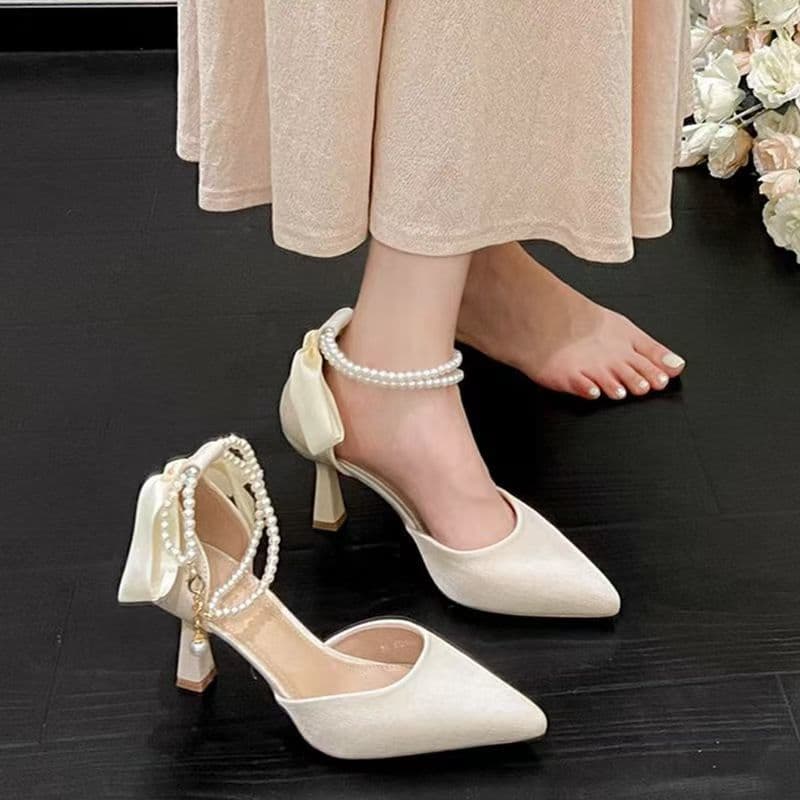Pointed Toe High Heels with Dress for Women Spring Design Niche Hollow Pearl Stiletto Black Sexy Women's Shoes