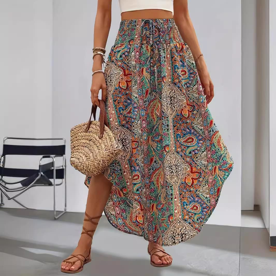 2026 Amazon eBay Cross-Border Wholesale Ethnic Drawstring High-Waist Versatile Printed Maxi Skirt Summer Women