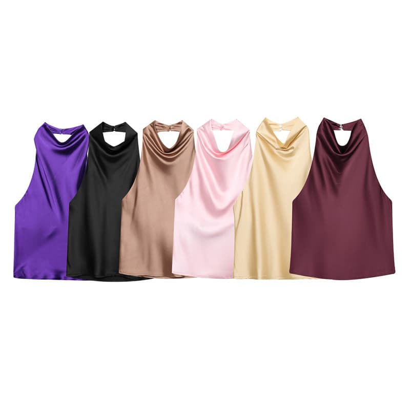 Cross-border foreign trade 2025 autumn new women's European and American style fashion silk satin texture halter neck top 3203317