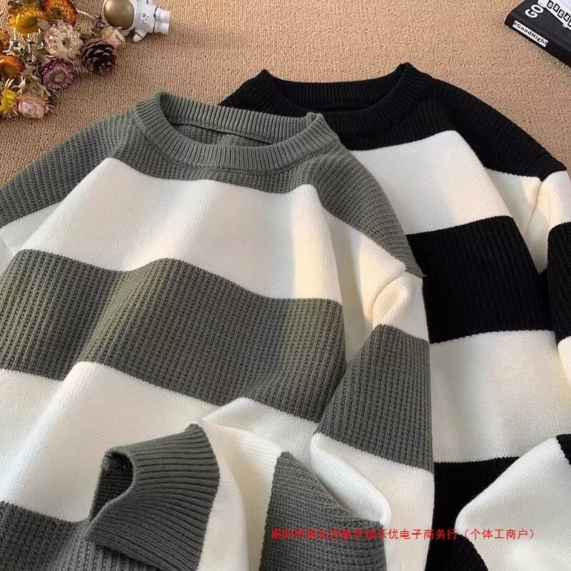 Teens Casual Contrast Color Striped Sweater Autumn and Winter Lazy Style Knitted Top Couple Round Neck Warm Sweater
