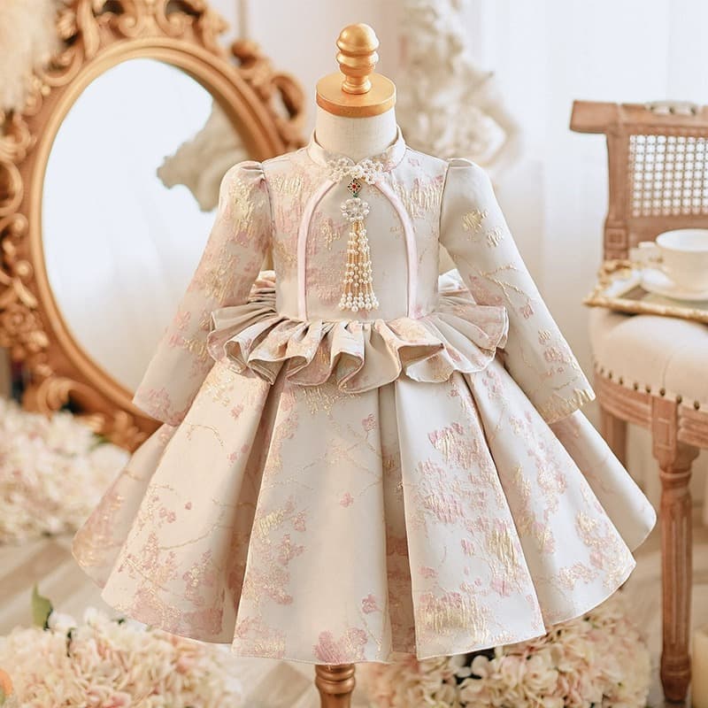 Premium Children's Cheongsam Princess Dress Flower Girl Baby Birthday Puffy Long-Sleeve Spring