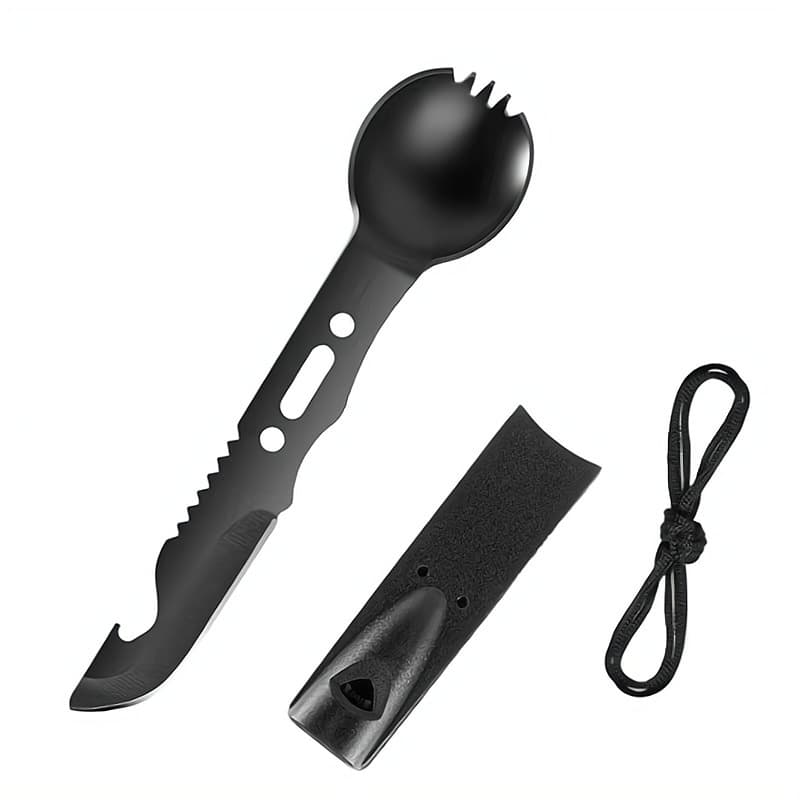 Outdoor Multi-Function Camping Cutlery Knife Fork Spoon Combo Stainless Steel Tool with Whistle Spoon