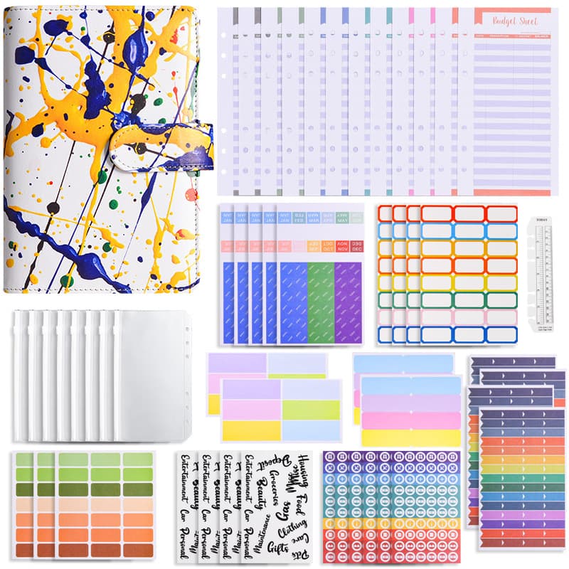 A6 PU Leather Loose-Leaf Notebook Creative Color Printing Index Sticker Handbook Budget Planner Book Office Culture Supplies