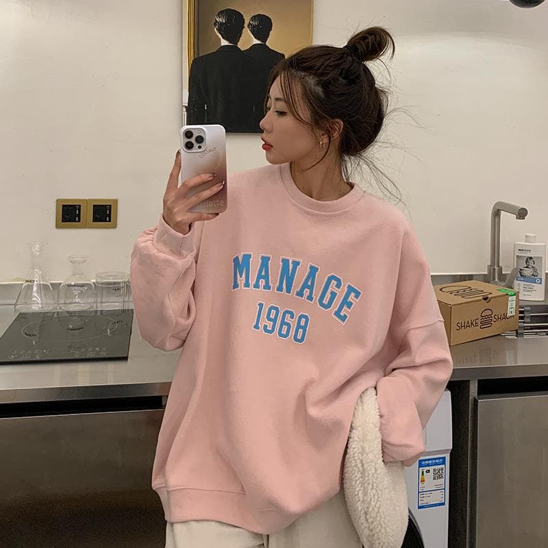 2025 Spring/Autumn Korean School Style Letter Print Loose Plus Size Round Neck Sweatshirt Women Long Sleeve Top Trendy