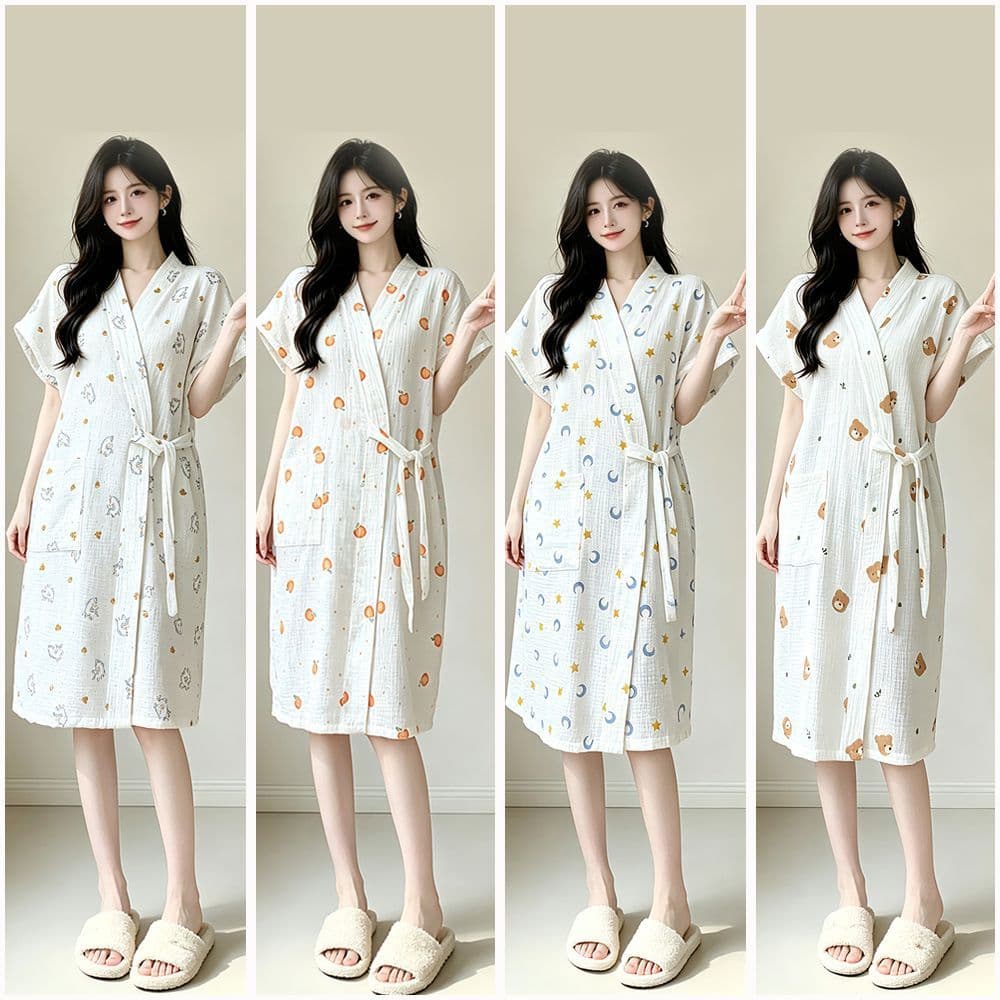 New Summer Short-Sleeve Terry Bathrobe, Lightweight Gauze Cotton, Women's Long Robe, Ladies' Loungewear, Pure Cotton Pajamas