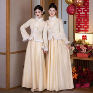 Champagne New Chinese Style Bridesmaid Dress 2026 New Winter Style, Long Sleeve Stunning Bridal Party Dress, Thickened, Minimalist for Year-End Party