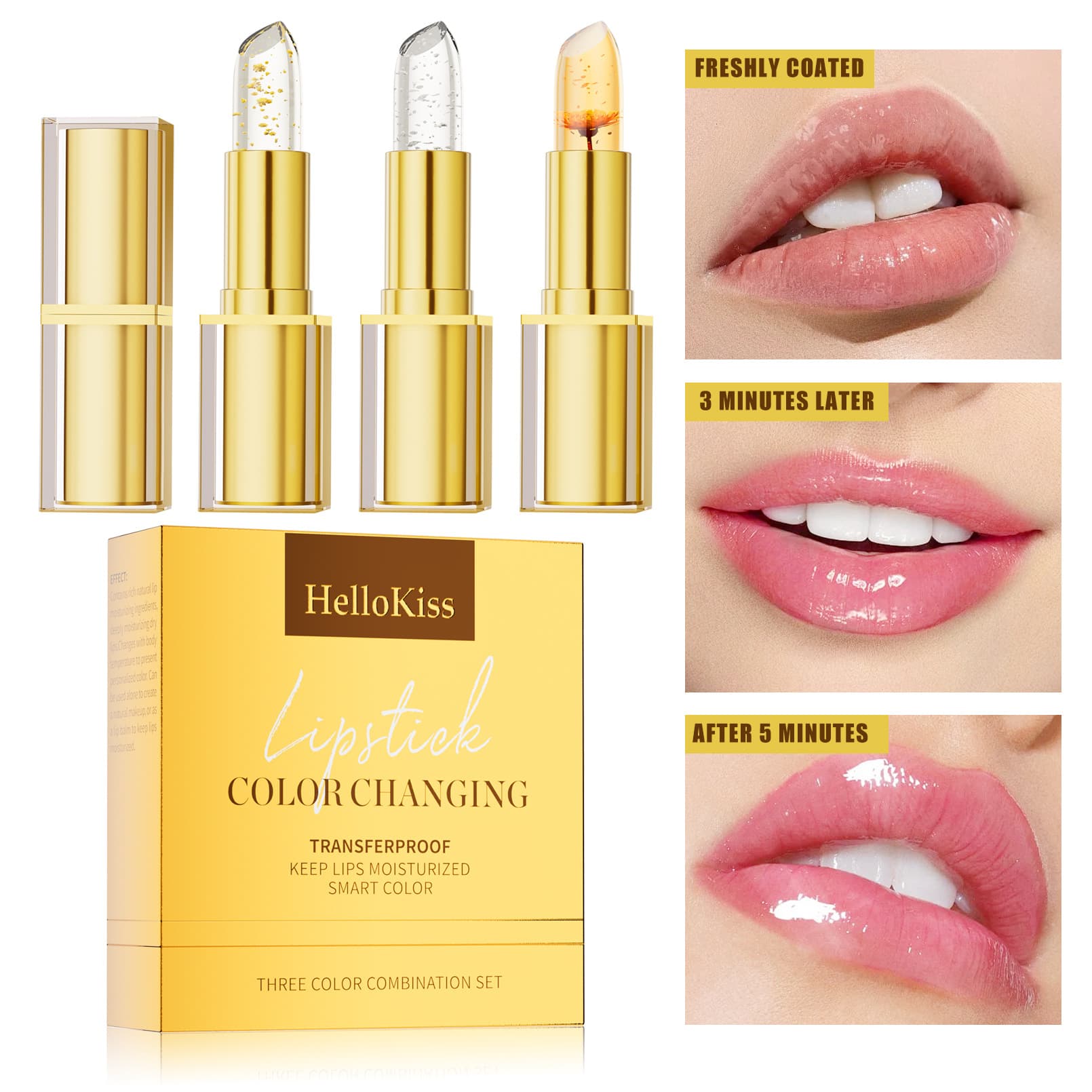 HelloKiss Cross-Border Natural Temperature-Changing Three-Piece Gold Foil Lipstick Set, Moisturizing and Nourishing Flower-Color-Changing Lip Balm