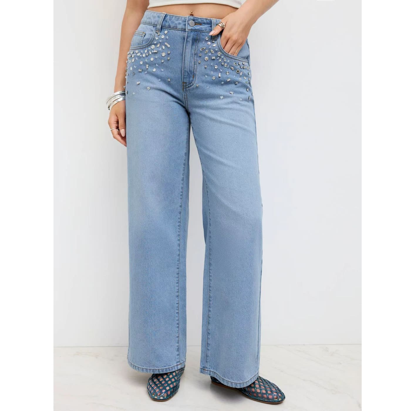 Rhinestone Fashion Straight Stretch Jeans Diamond Detail Simple Versatile Washed Blue Denim