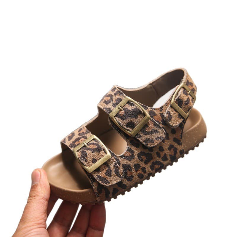 Girls' Sandals Summer 2026 New Style Little Girl Genuine Leather Velcro Princess Birkenstock Sandals Leopard Print Children's Shoes Fashion
