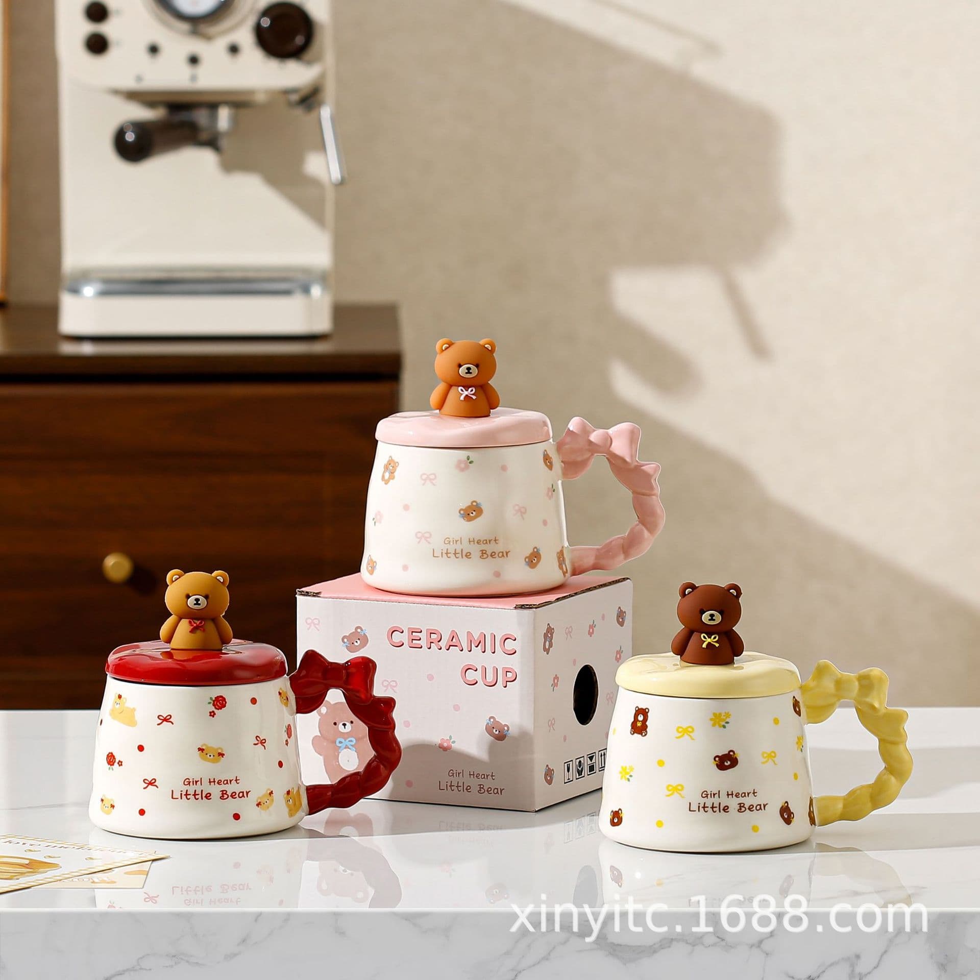 Cute Cartoon Bear Ceramic Cup, Creative Butterfly Knot Mug, Cute and Practical Gift for Girls, Coffee Cup