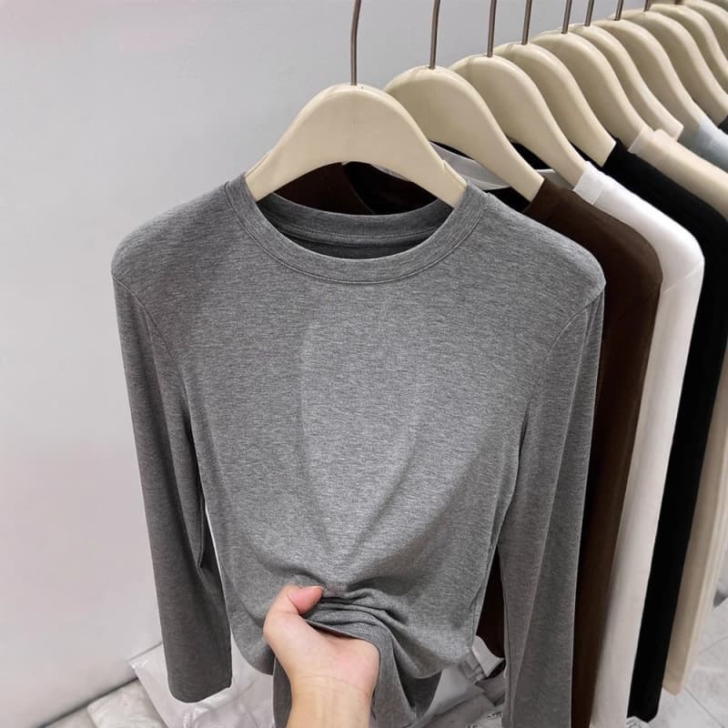 2025 Autumn New Style European Goods Solid Color Round Neck Long Sleeve T-shirt Women Elastic Inner Layer Thin Stylish Slimming Base Layer