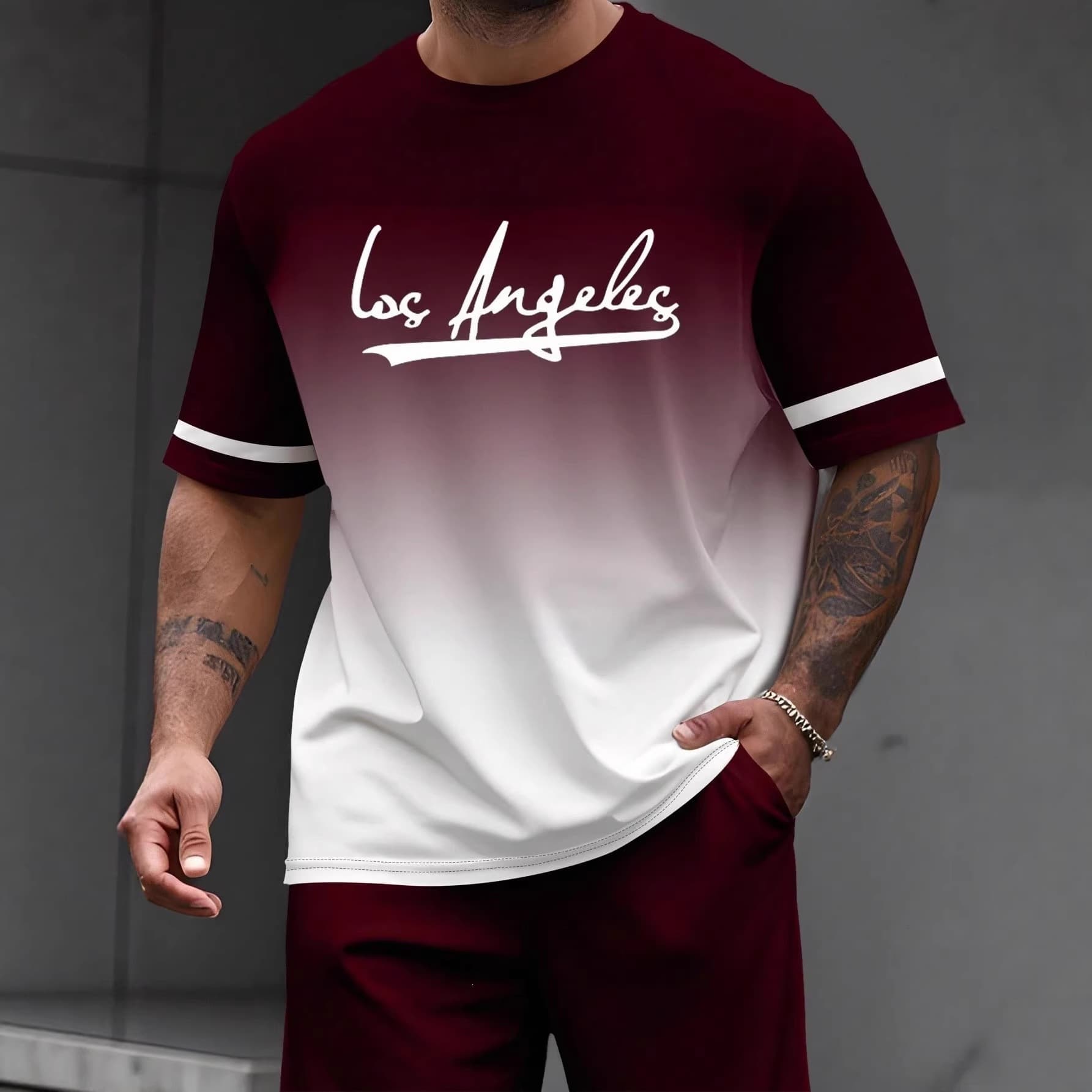 European and American Cross-Border Summer Men's Clothing 3D Digital Letter Print T-Shirt Loose Breathable Round Neck Short-Sleeved Pants Two-Piece Set