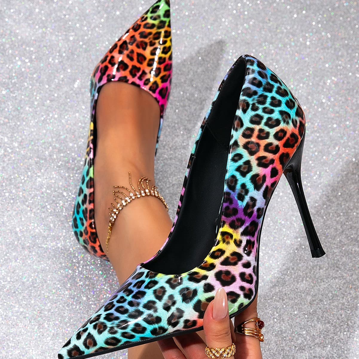 Foreign trade color gradient leopard print pointed toe thin heel shallow mouth high heel shoes for women summer new hot girl style versatile women's shoes
