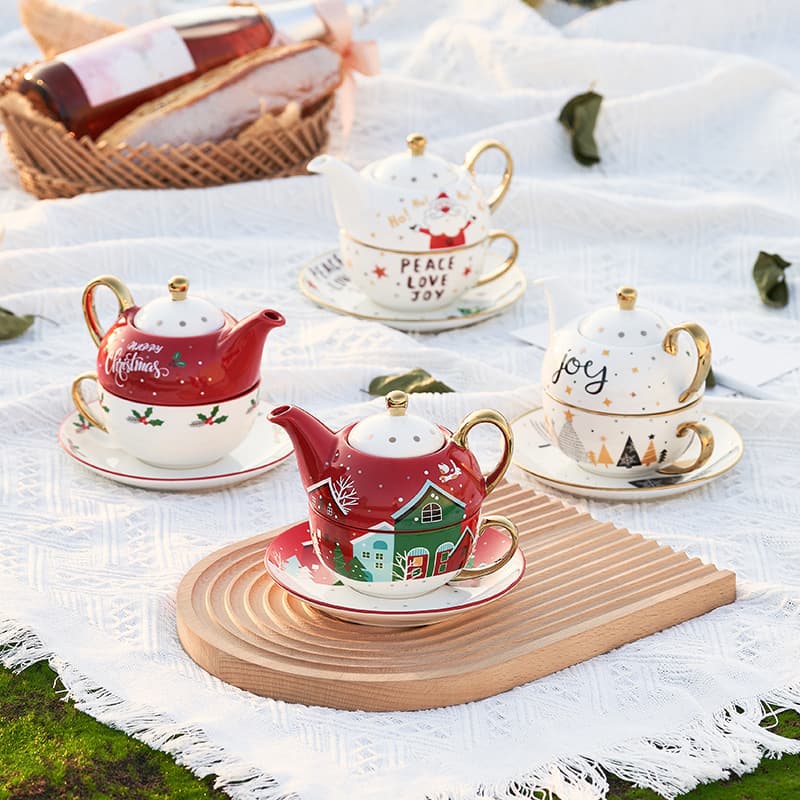 Christmas Ceramic Cup & Saucer Set, Amazon Best-Selling Gold-Plated Tea Set, Christmas Gift, One Teapot & One Cup