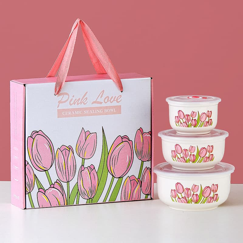Tulip Gift Set Fresh-Keeping Bowl with Lid 3-Piece Set Wholesale Sealed Bowl Household Instant Noodle Bowl Opening Souvenir Gift
