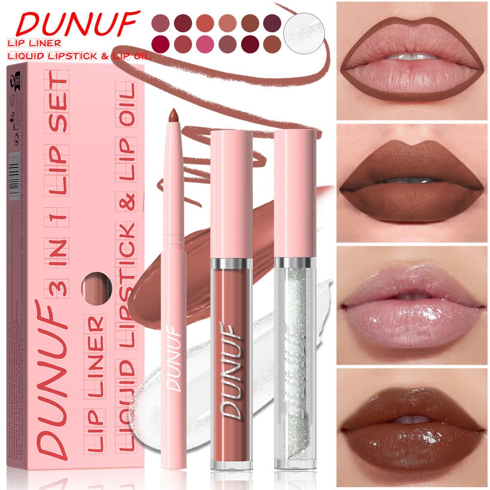 DUNUF 3-in-1 Lip Liner + Lip Gloss + Lip Oil Tri-Color Lip Gloss Long-Lasting Color Non-Smudge Plumping Lip Liner Cross-Border