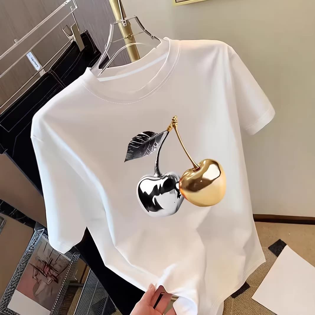 Light Luxury Metal Cherry Print T-Shirt European and American Shein Loose Simple Versatile Cotton T-Shirt Women's Clothing Foreign Trade Supply