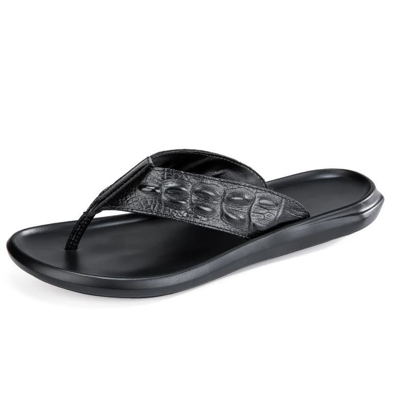 New Summer Men's Flip Flops, Soft Sole, Non-Slip, Crocodile Pattern Cowhide Sandals, Outdoor Casual Beach Shoes for Adults